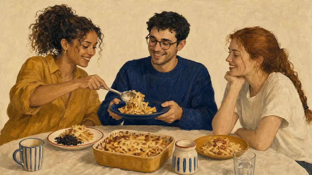 Three roommates at dinner. One spoons baked pasta onto another’s plate while the third watches, chin in hand, and no two plates are alike.